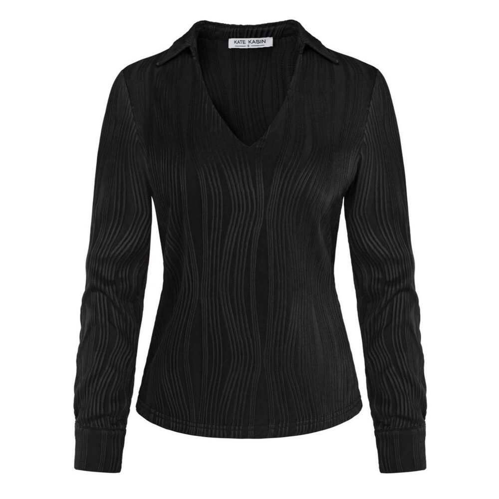 KATE KASIN Women Textured Tops Casual Long Sleeve Lapel Collar V-Neck Polo-Shirt